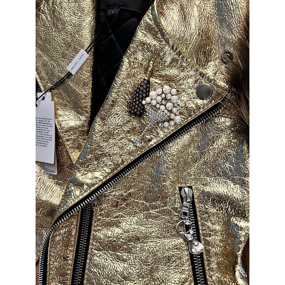 Marc Jacobs Fox Fur Leather Jacket Gold Sequin Lips disco retro M 6 - Picture 9 of 11